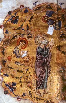 Мстиславово Евангелие (ГИМ. Син. 1203). Евангелист Иоанн с Прохором